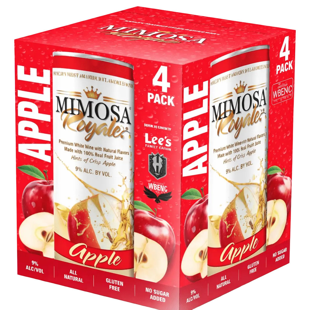 Mimosa Royale Apple Pack 4 , mix of different Muscat Wines, blended with only the best 100% Natural Crisp Red Apples Juice, 355 mL, 9% ABV - Terra Global Beverages