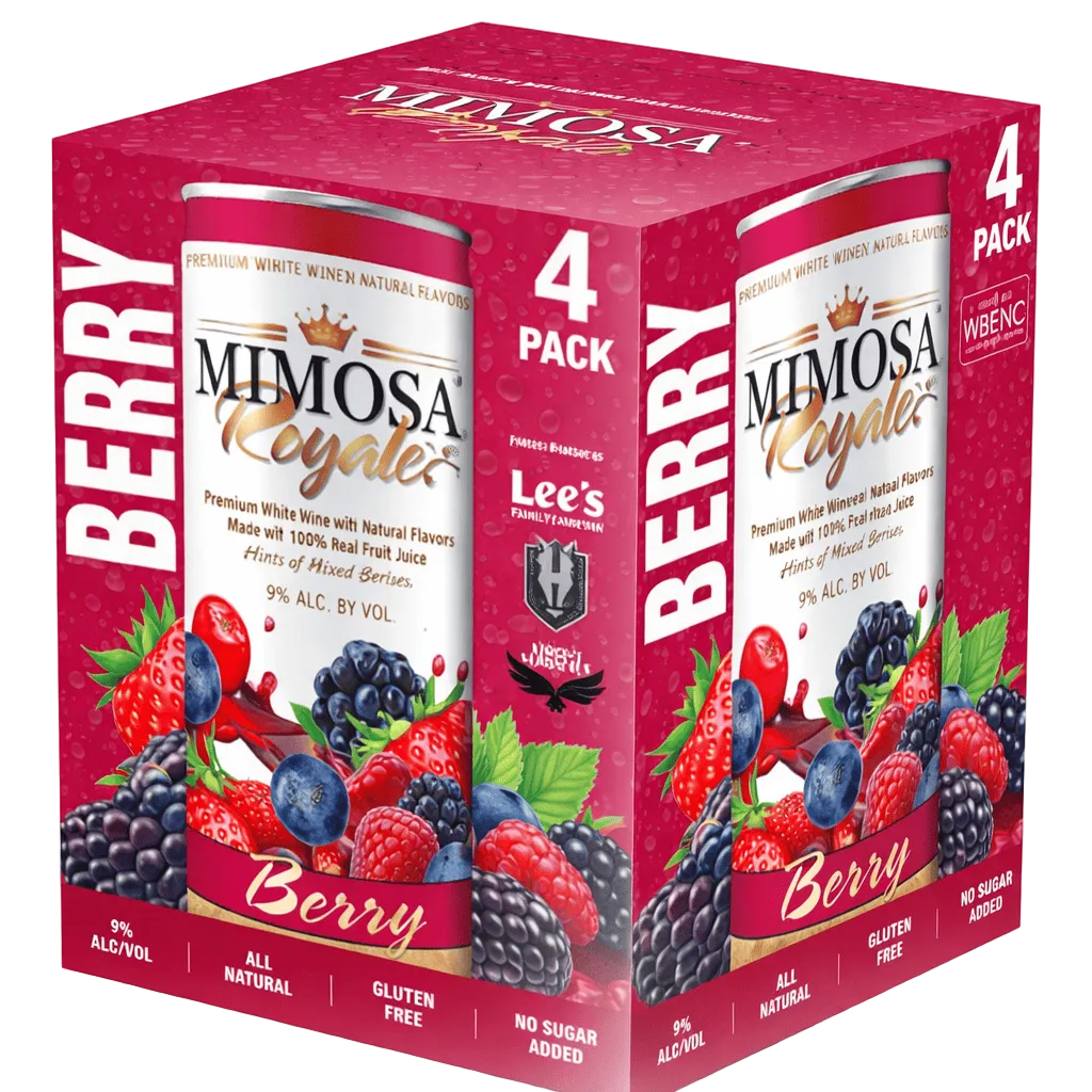 Mimosa Royale Berry Pack 4 , mix of different Muscat Wines, blended with only the best 100% Natural Fresh Straberry, Blueberry and Raspberry, 355 mL, 9% ABV - Terra Global Beverages