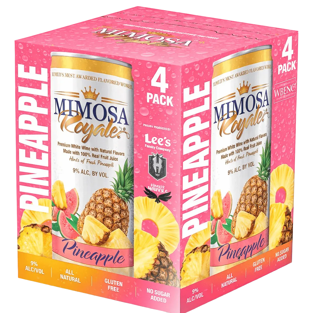Mimosa Royale Pineapple Pack 4 , mix of different Muscat Wines, blended with only the best 100% Natural Fresh Pineapplle with hints of Guava, 355 mL, 9% ABV - Terra Global Beverages