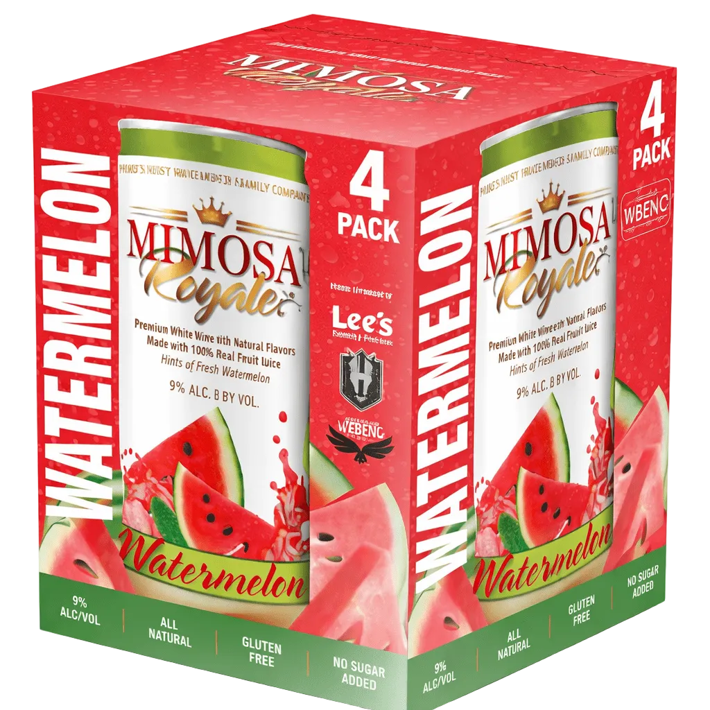 Mimosa Royale Watermelon Pack 4 , mix of different Muscat Wines, blended with only the best 100% Natural Fresh Watermellon, with hint of rose Water, 355 mL, 9% ABV - Terra Global Beverages